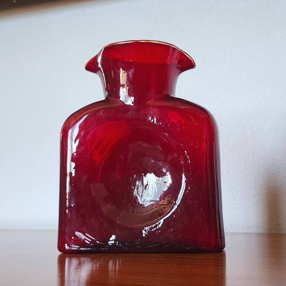 Vintage Blenko Ruby Red Glass Double Spouts Water Bottle MCM